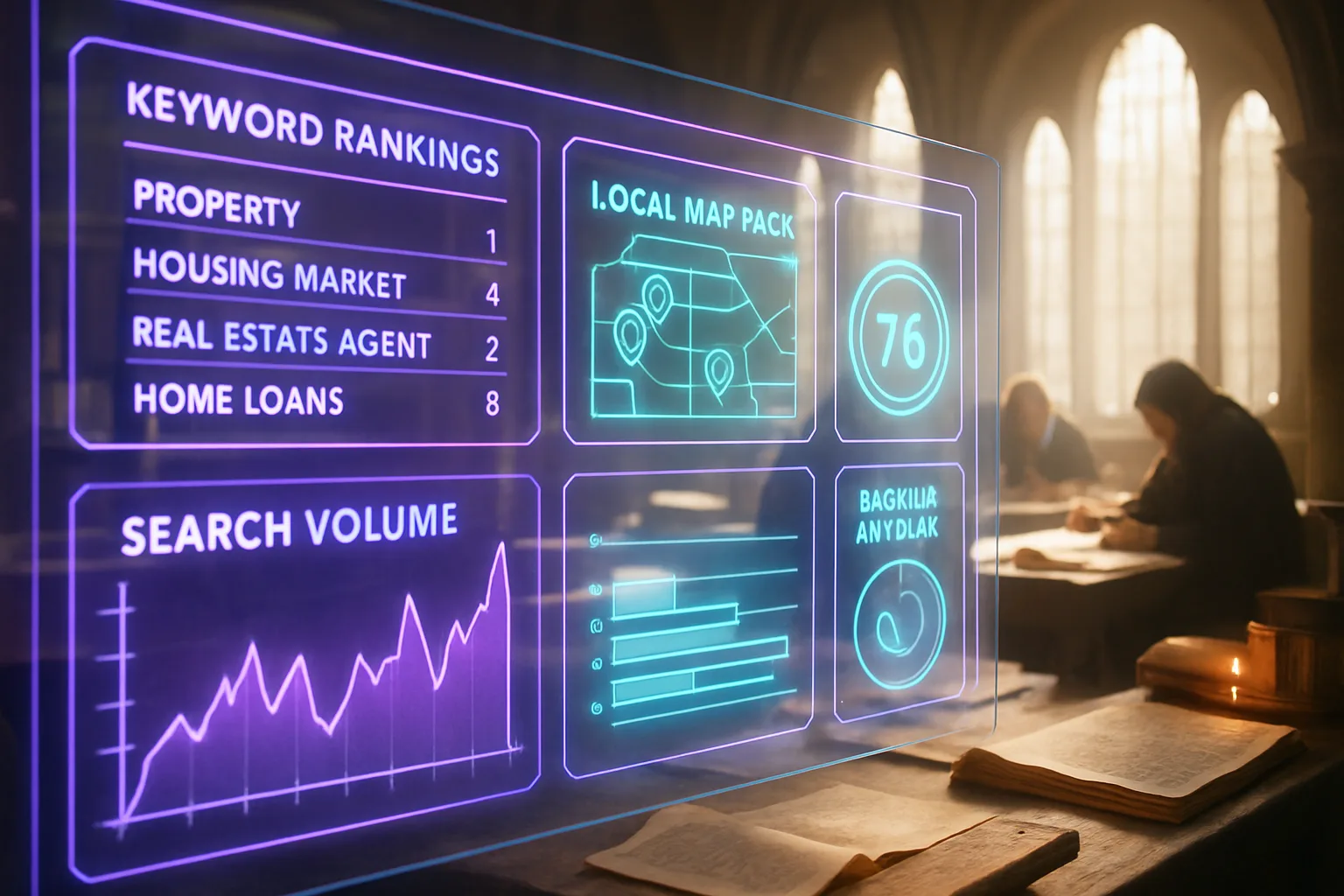 A neon holographic SEO dashboard illustrating conveyancing SEO strategy for South African attorneys, set against a bright sunlit medieval land-registry scriptorium.