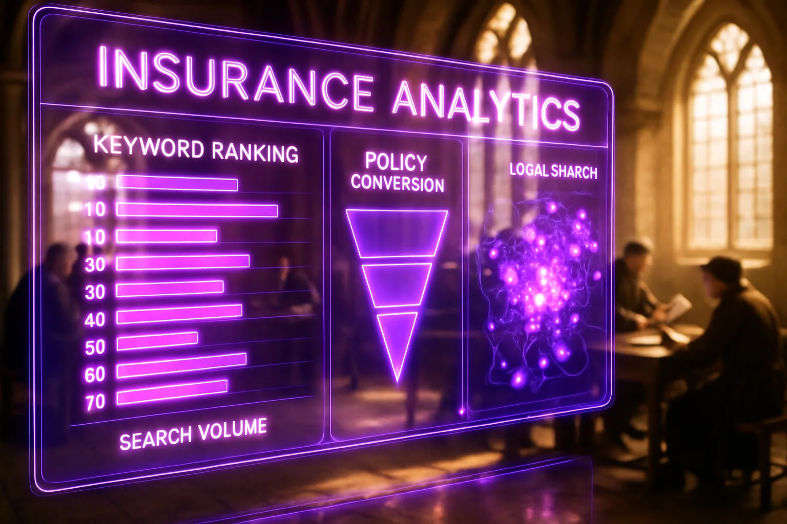 A neon holographic SEO dashboard illustrating insurance broker SEO strategies for South African brokers, set against a bright sunlit medieval guild hall.