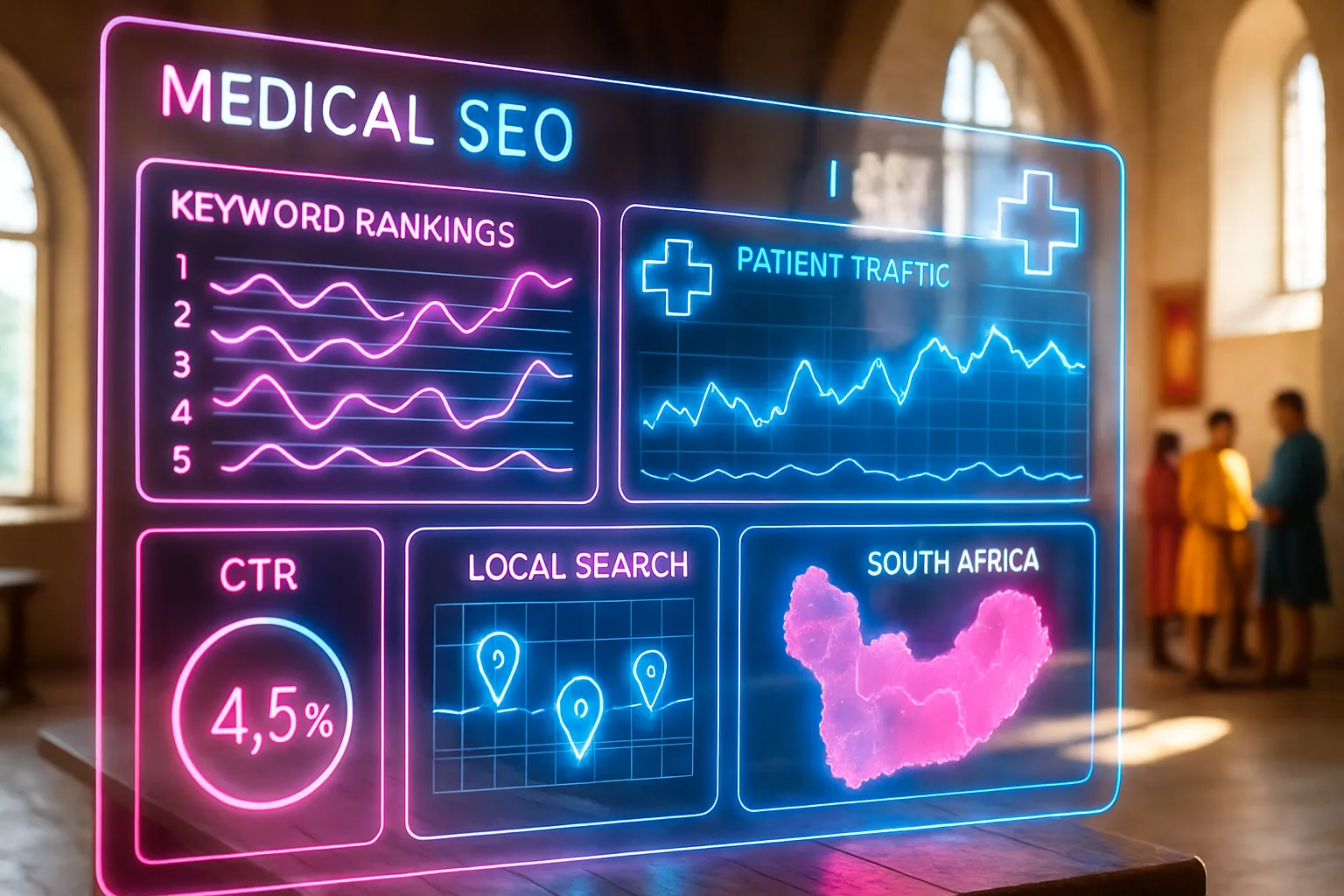 A neon holographic analytics dashboard representing medical practice SEO strategy for South African healthcare providers, glowing in hot pink and electric blue against a bright sunlit medieval guild hall.
