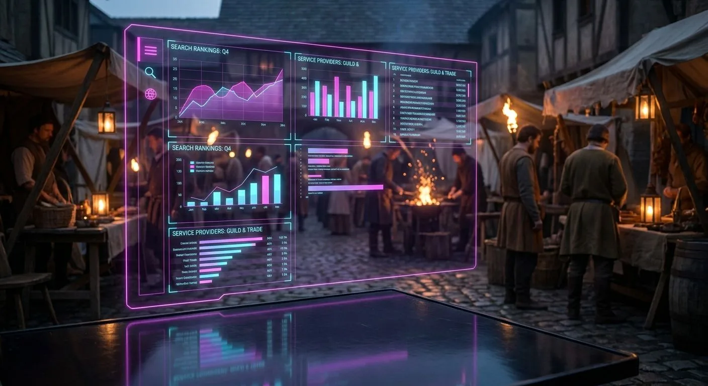 A neon holographic HUD of search rankings and professional-service business listings glows in magenta and cyan in front of a softly blurred medieval market square of guild tradespeople.