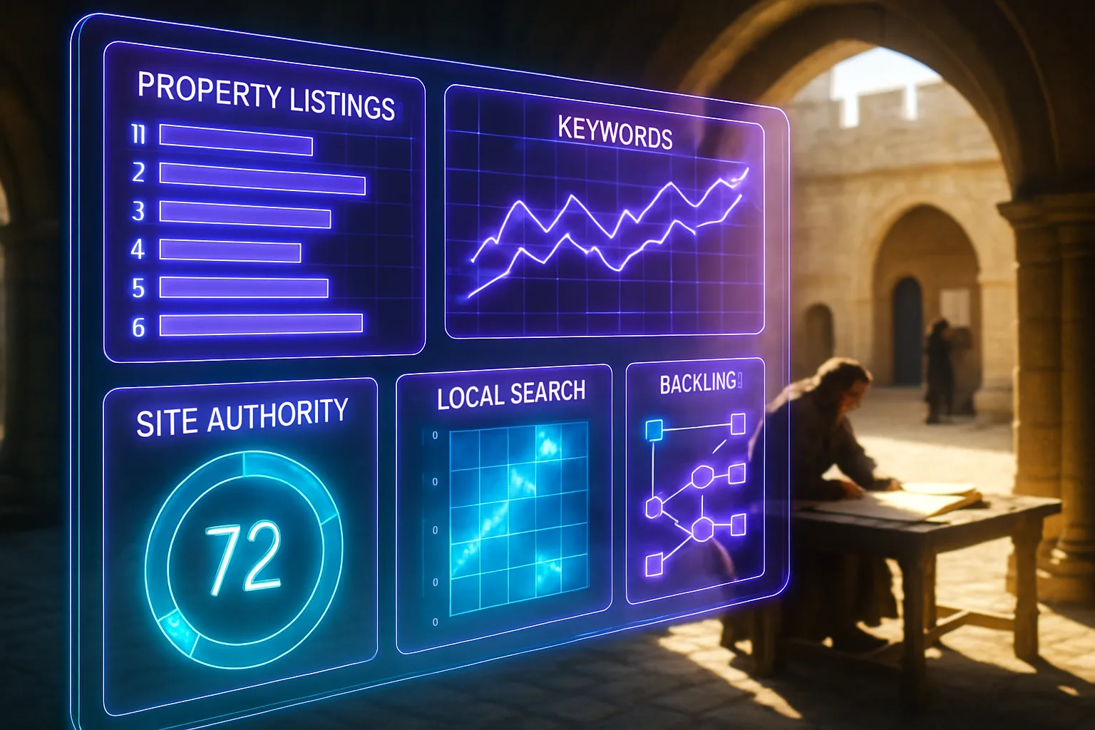 A neon holographic real estate analytics HUD illustrating property developer SEO strategy, glowing violet and turquoise over a bright sunlit medieval castle courtyard.