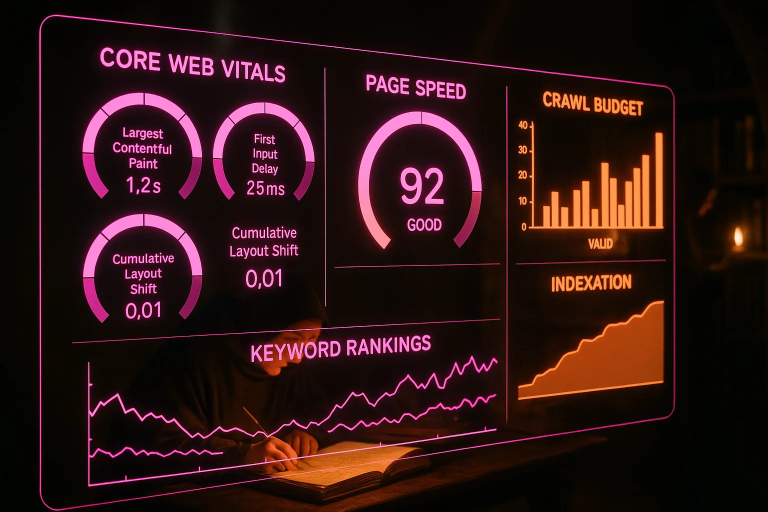 A neon holographic SEO dashboard glowing with magenta and orange panels shows core web vitals scores, page speed rings, and keyword ranking trends hovering above a softly blurred medieval scriptorium where monks illuminate manuscripts.