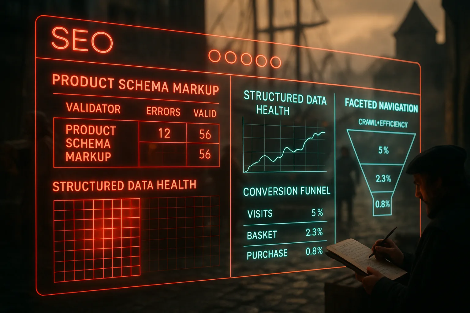 A neon holographic e-commerce analytics HUD glowing with red and cyan panels displays product schema validators, structured data health maps, and conversion funnels above a softly blurred medieval harbour dock where merchants unload cargo from a tall-masted ship.