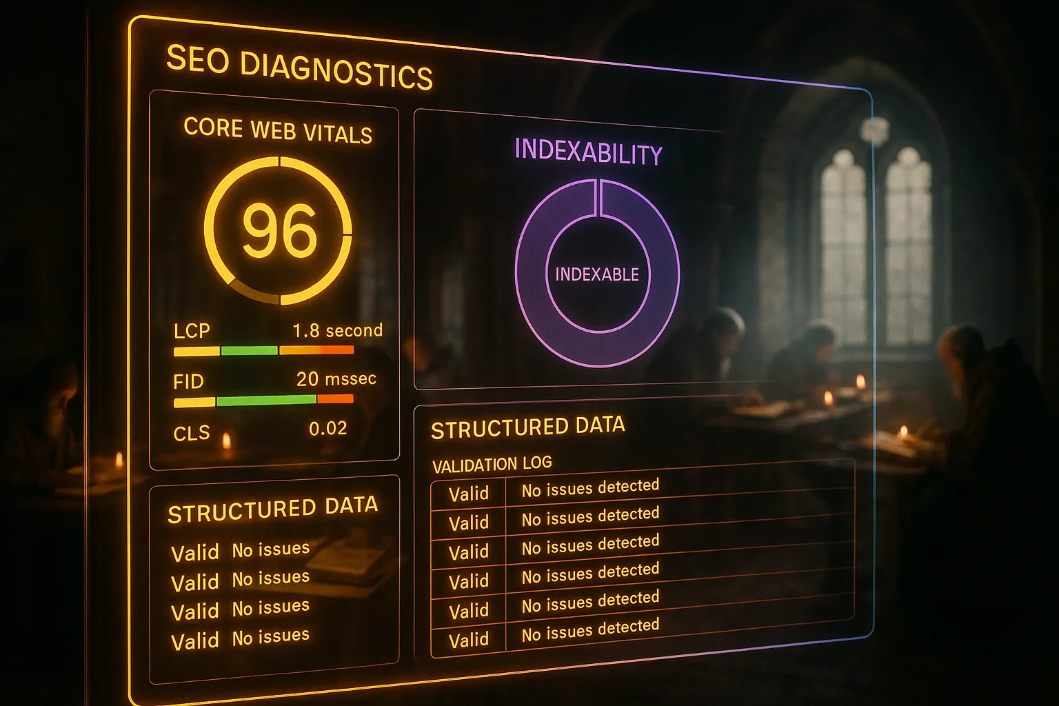A yellow and purple neon technical SEO diagnostics dashboard glows sharply across the frame, with robed monks working on manuscripts in a softly blurred medieval scriptorium behind it.