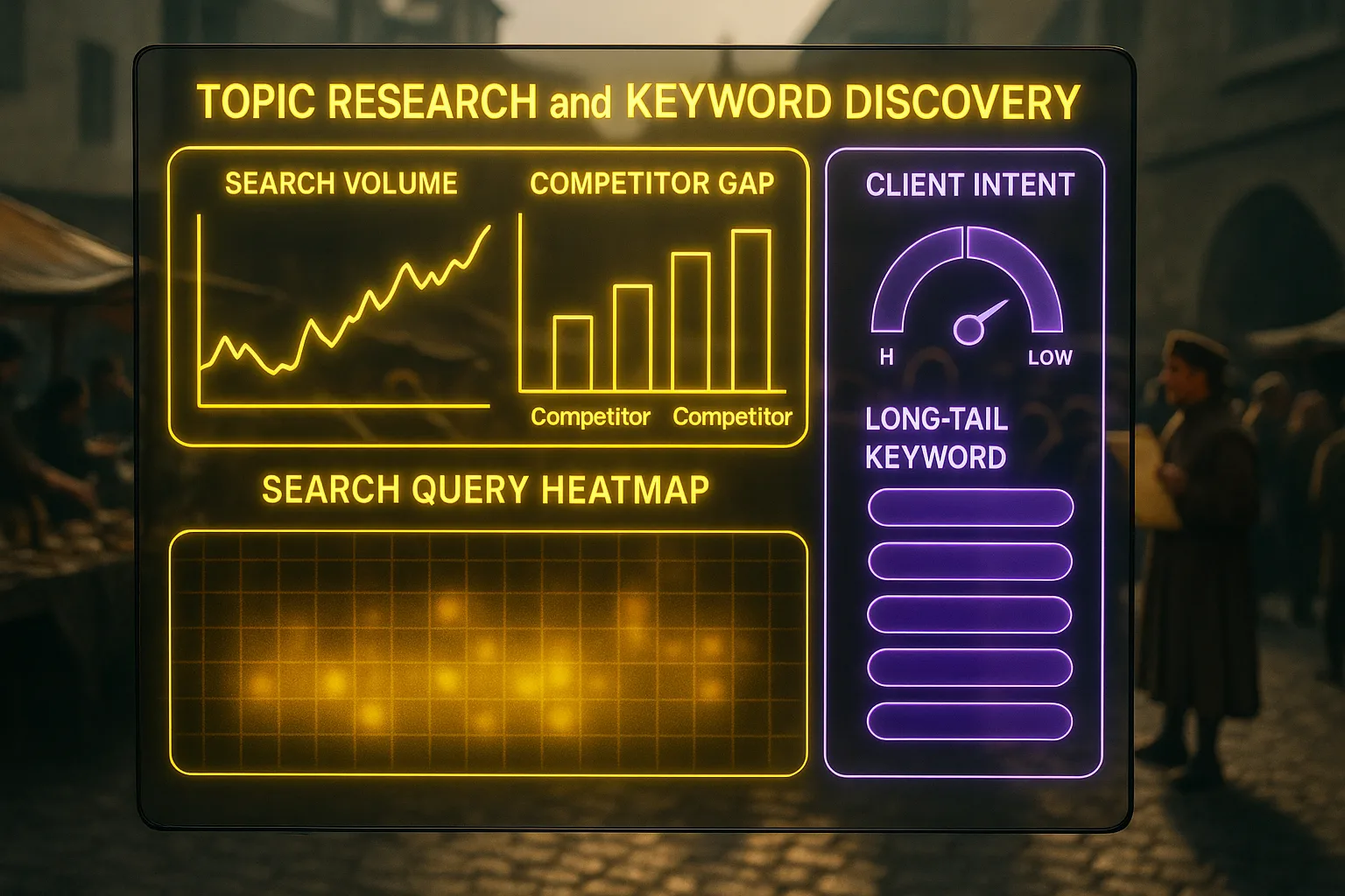 A neon holographic dashboard glowing in yellow and purple displays keyword research charts and search intent meters, with a softly blurred medieval market square visible behind merchants and a town crier in the background.