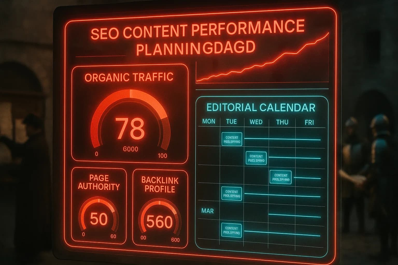 A neon holographic dashboard glowing in red and cyan displays SEO authority scores and an editorial content calendar, with a softly blurred medieval castle courtyard visible behind a herald and knights consulting parchment maps.