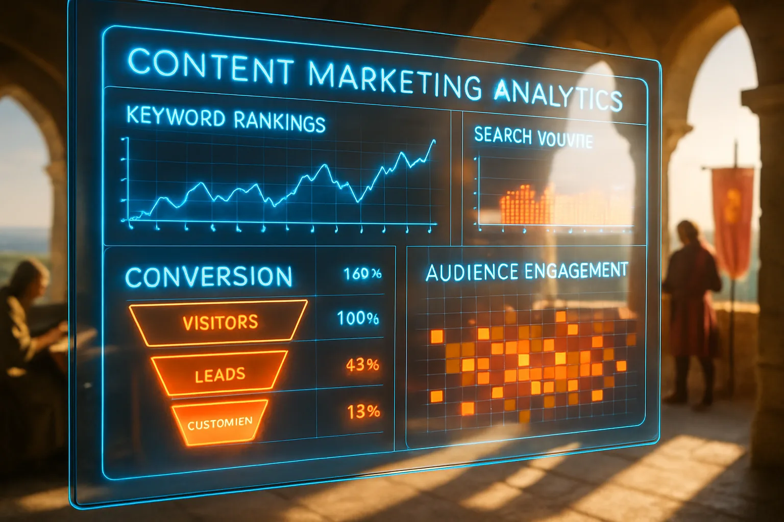 A neon holographic analytics HUD illustrating conveyancing content marketing strategy, glowing in electric blue and coral orange against a bright sunlit medieval watchtower balcony.