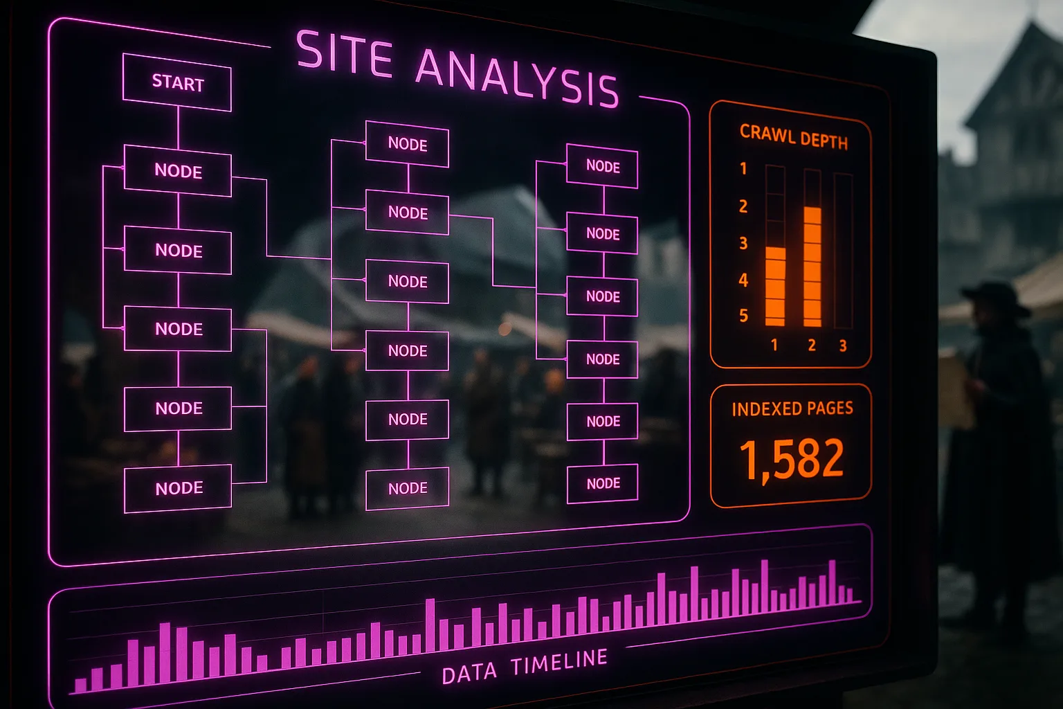 A neon magenta and orange holographic site-analysis dashboard fills the frame, with a softly blurred medieval market square showing merchants and a town crier visible in the background.