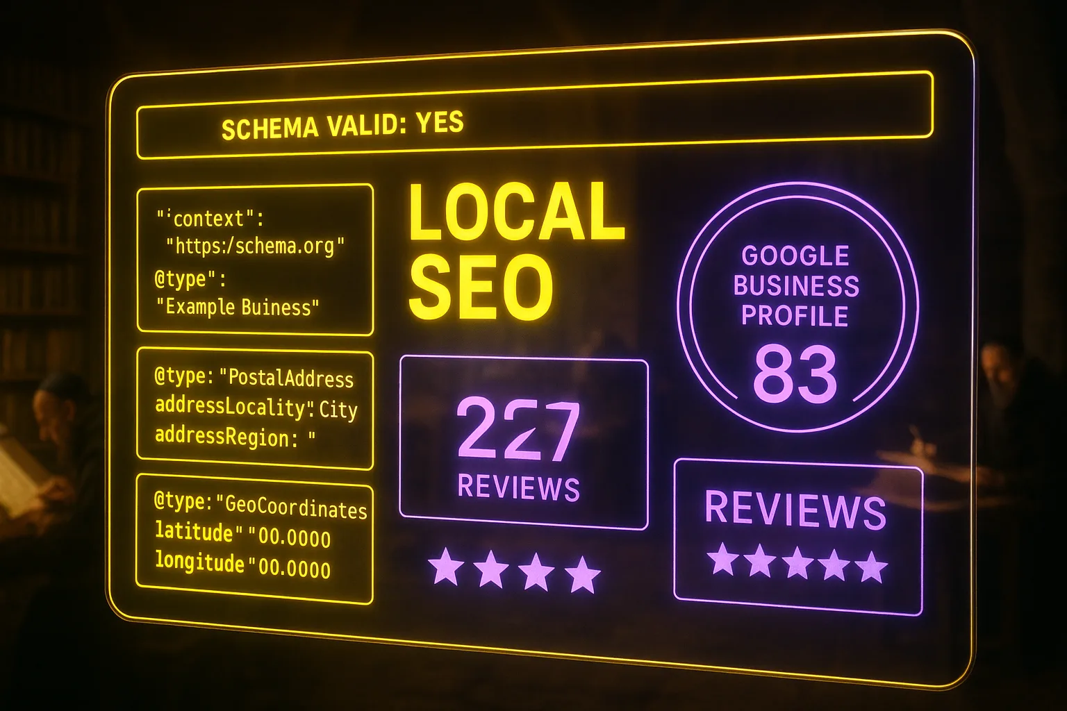 A neon yellow and purple holographic local SEO dashboard displaying schema markup panels and Google Business Profile scores glows in the foreground, with a blurred medieval scriptorium and monks writing manuscripts visible behind it.