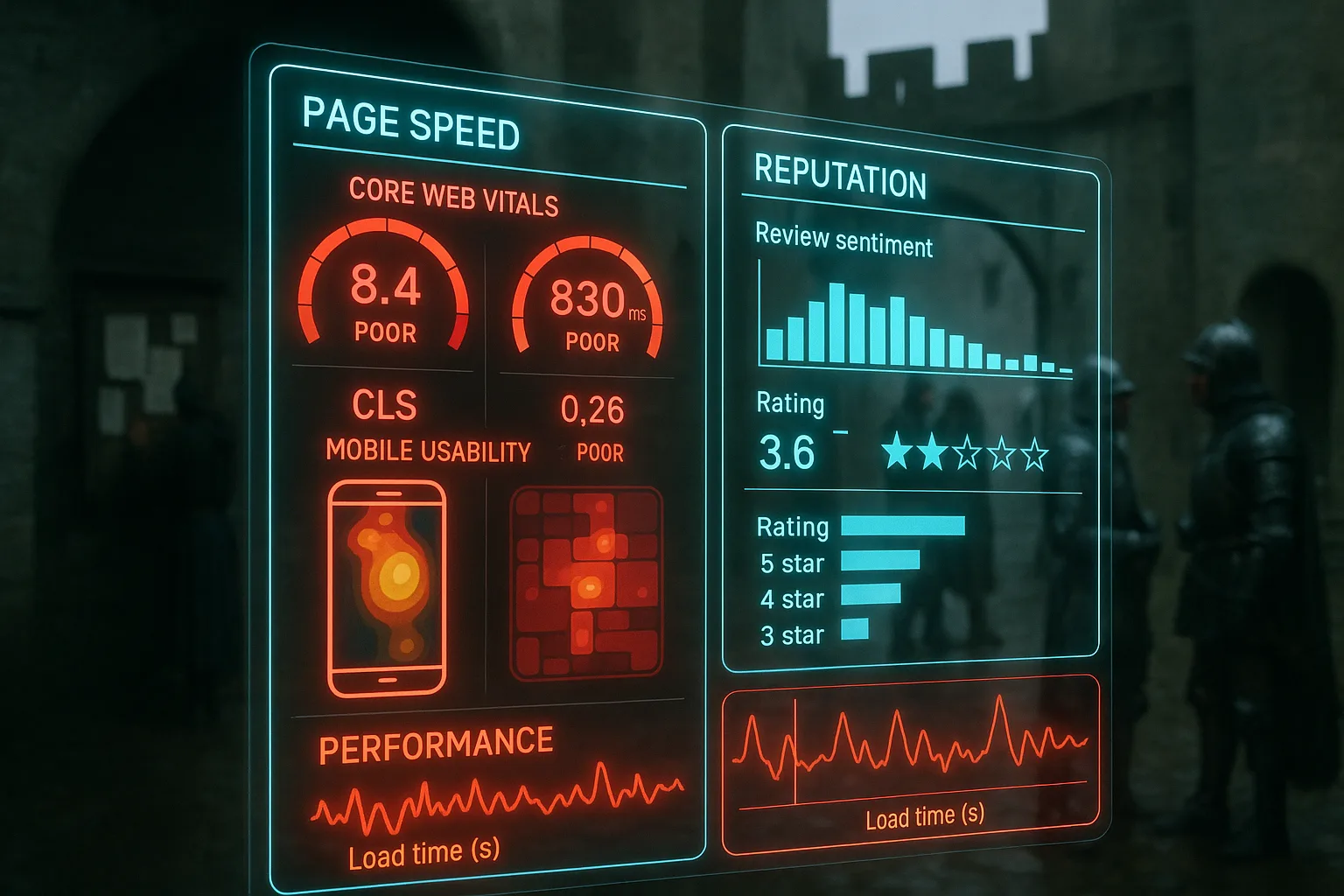 A neon red and cyan holographic page-speed and reputation dashboard with Core Web Vitals gauges and review-sentiment charts fills the frame, with a softly blurred medieval castle courtyard and figures posting notices visible in the background.