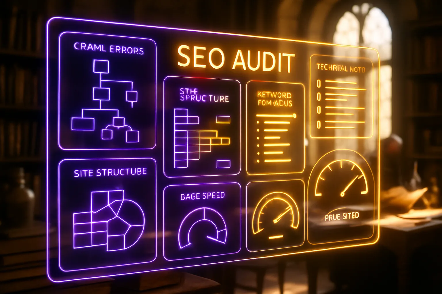 A neon holographic conveyancing attorney SEO audit dashboard glowing in gold and royal purple, set against a bright sunlit medieval alchemist study.