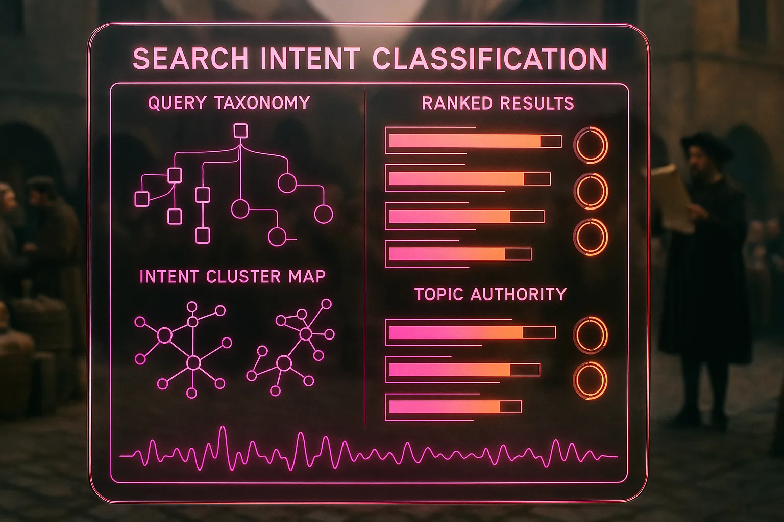 A magenta and orange neon holographic search intent dashboard glows in the foreground while a blurred medieval market square buzzes with merchants and a town crier in the background.