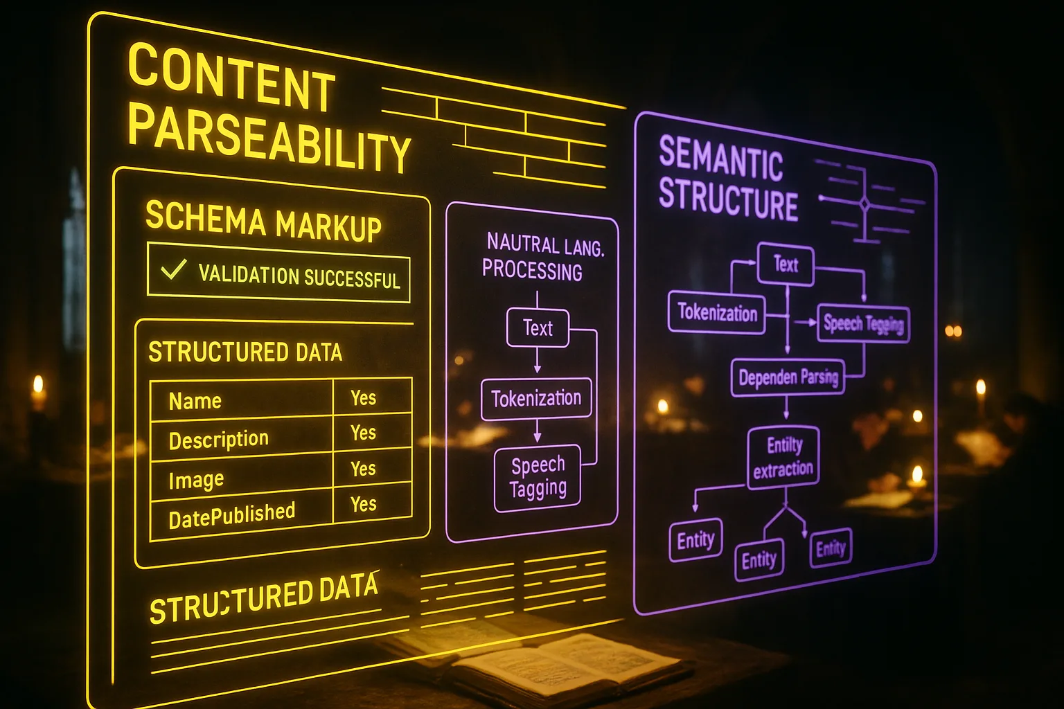 A yellow and purple neon holographic semantic content dashboard fills the frame over a softly blurred medieval scriptorium where monks copy manuscripts by candlelight.