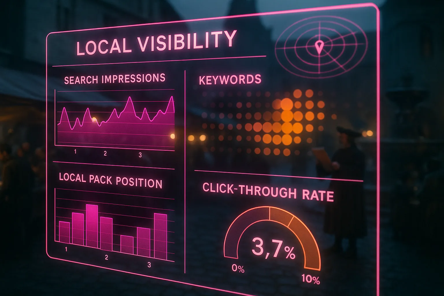 A neon magenta and orange holographic local visibility dashboard glows in the foreground with impression graphs and geo-targeting arcs, while a busy medieval market square is softly blurred behind it.