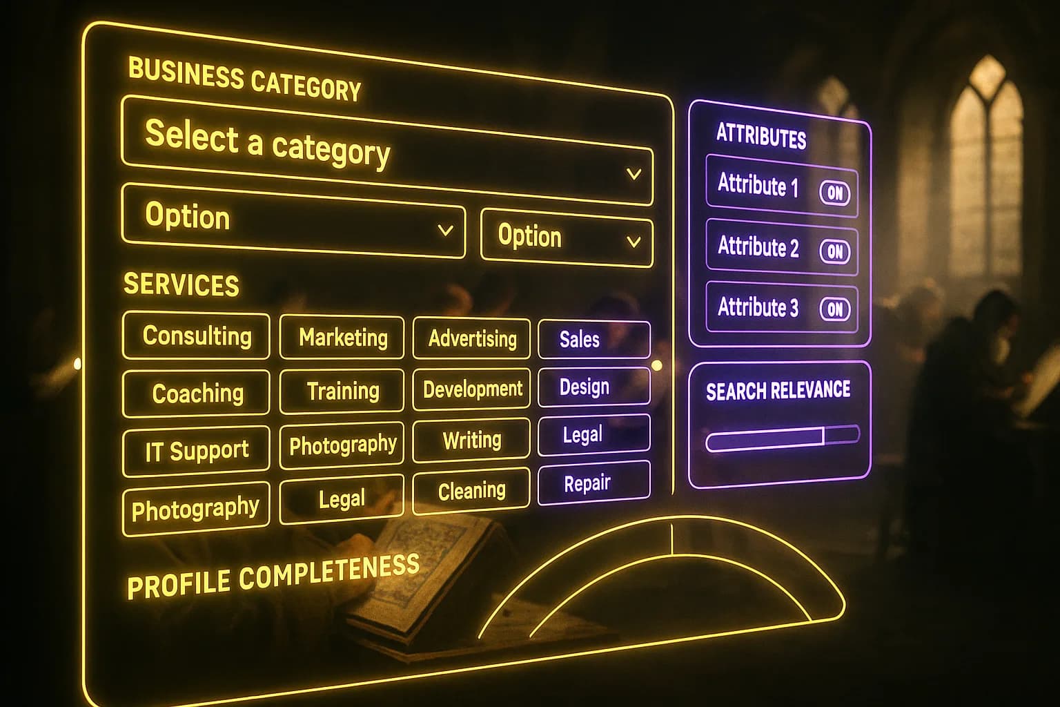 A neon yellow and purple holographic business category selection dashboard fills the frame with service tag grids and relevance score bars, while monks writing in a softly blurred medieval scriptorium appear behind it.