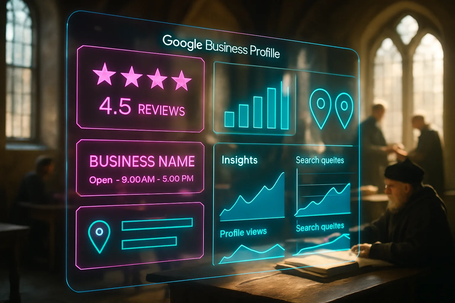 A neon holographic Google Business Profile accounting dashboard glowing in magenta and turquoise over a bright sunlit medieval guild hall.