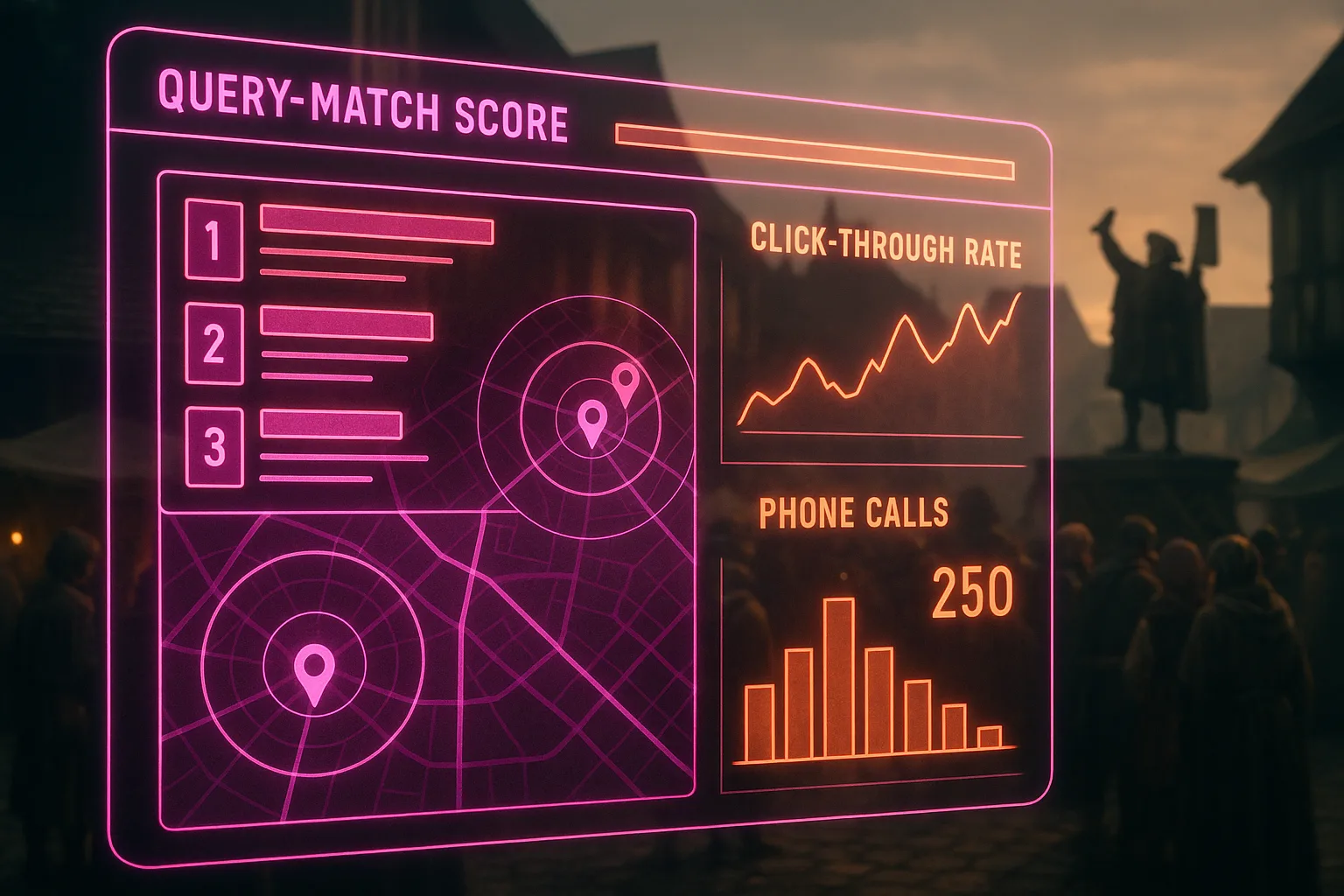 A neon magenta and orange holographic local search intent dashboard with map pack positions and call-tracking metrics glowing over a blurred medieval market square where a town crier addresses a crowd of merchants.