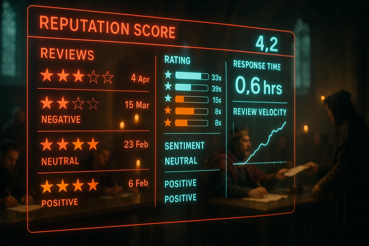 A neon red and cyan holographic review management dashboard showing star rating breakdowns and response time metrics glowing over a blurred medieval great hall where a lord receives written petitions from citizens.