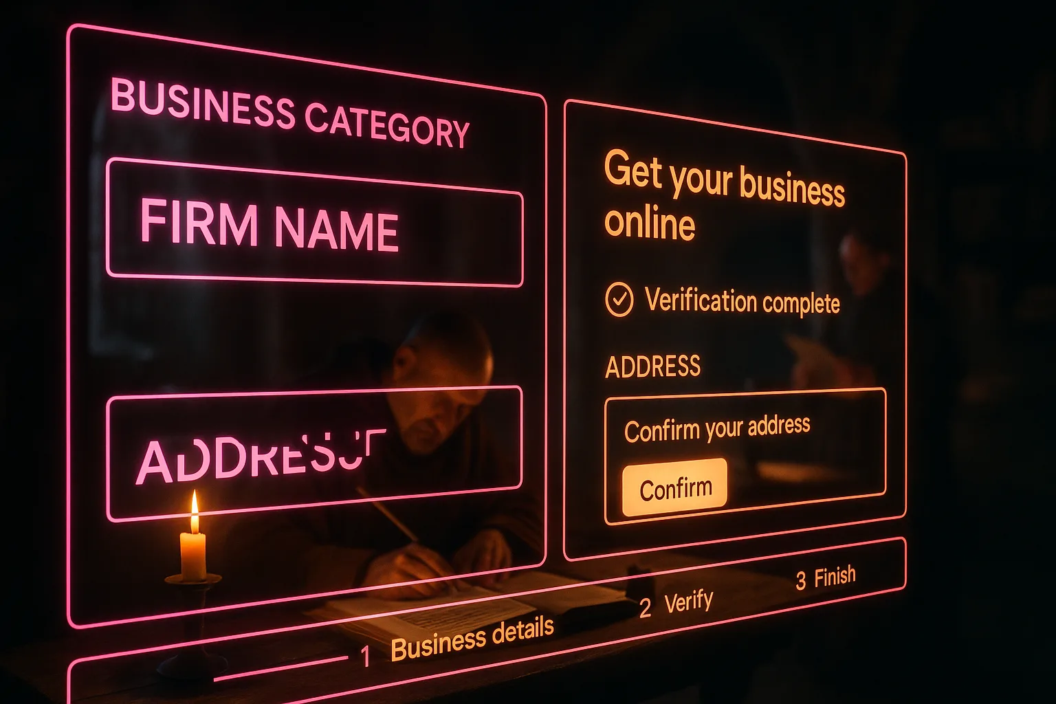A neon holographic profile setup interface displays business category fields and verification status indicators glowing in magenta and orange, with a blurred medieval scriptorium visible behind the panels.