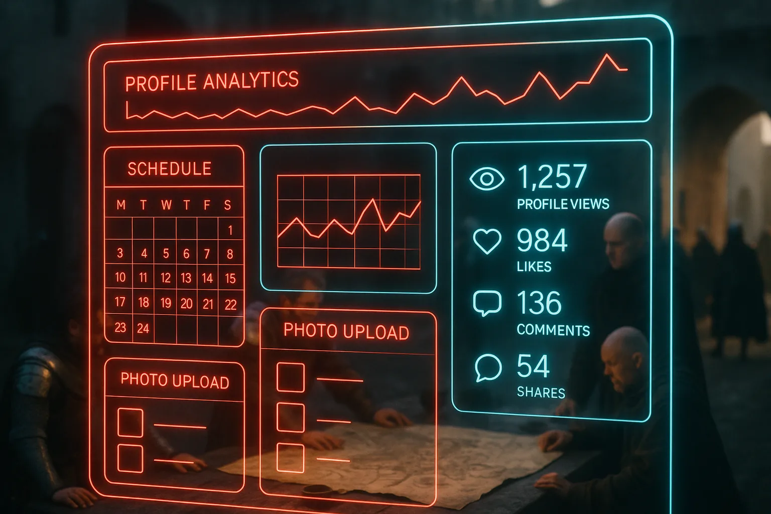 A neon holographic content publishing console glows with red scheduling panels and cyan engagement counters, with a softly blurred medieval castle courtyard visible through the screens.