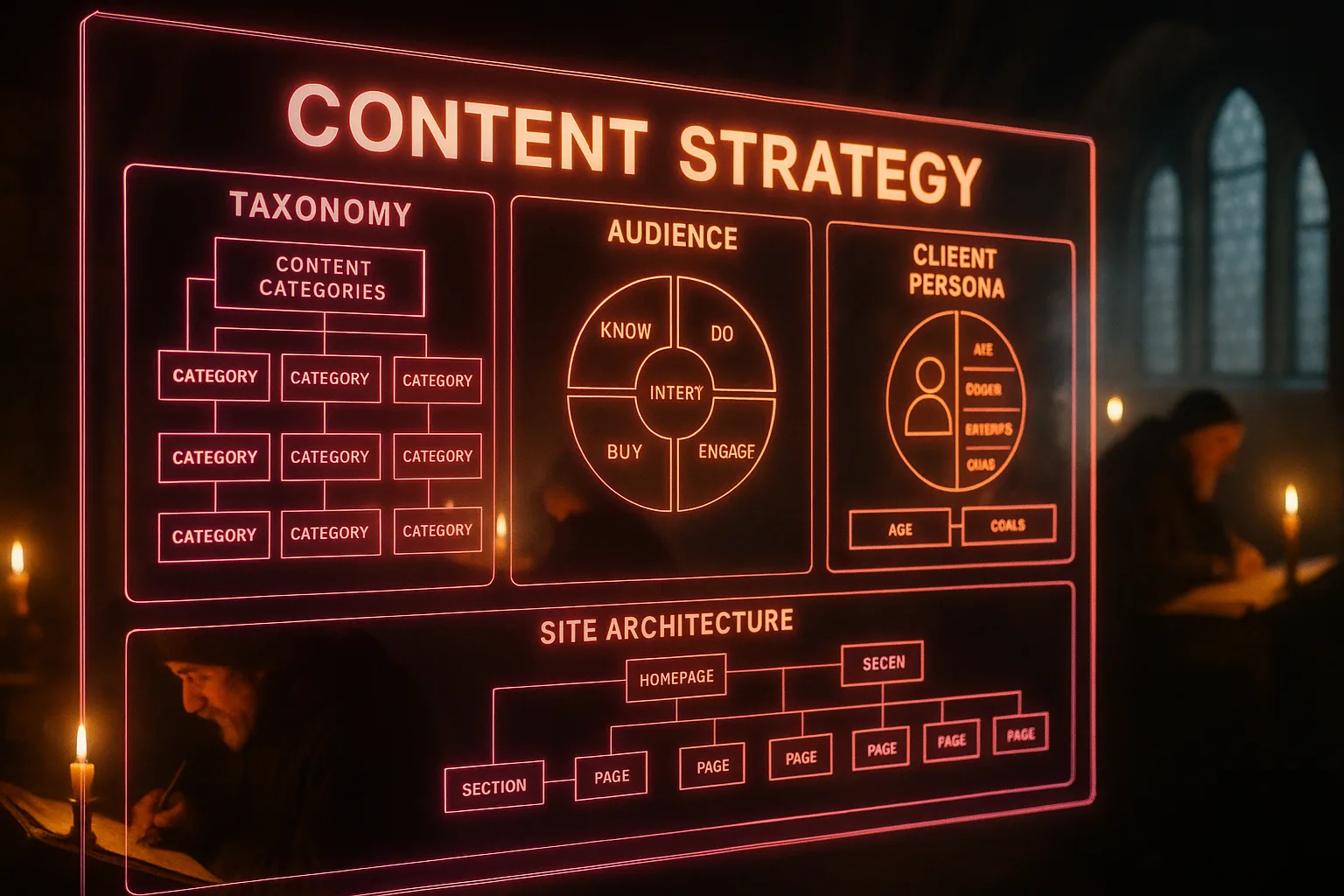 A neon magenta and orange holographic content strategy dashboard glows in sharp focus while two medieval monks write by candlelight in a softly blurred scriptorium behind the panels.