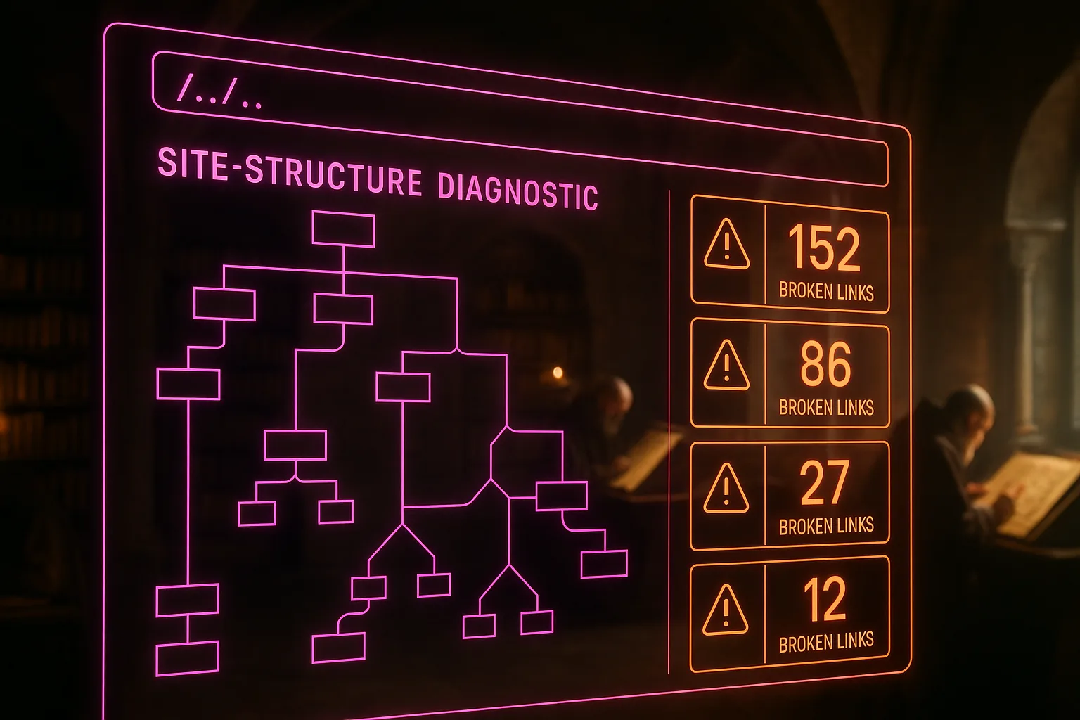 A magenta and orange neon holographic site-structure diagnostic dashboard fills the frame, with a softly blurred medieval scriptorium showing monks at writing desks visible in the background.