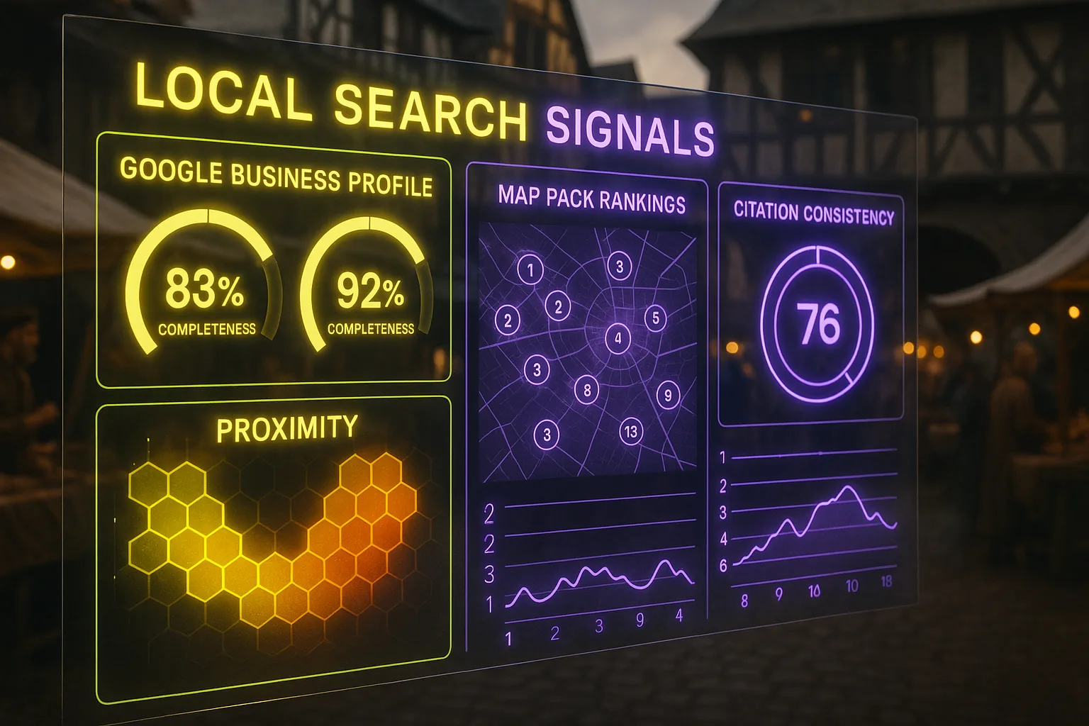 A yellow and purple neon holographic local search signals dashboard glows across the frame, with a softly blurred medieval market square busy with traders and townspeople visible behind the panels.