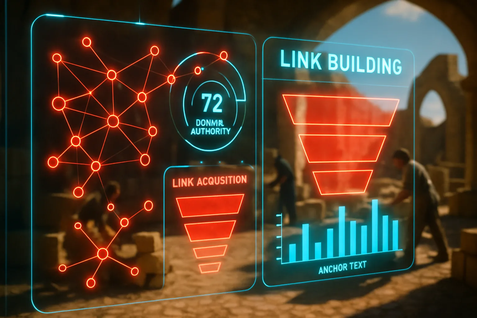 A neon holographic analytics dashboard illustrating conveyancing attorney link building strategies, set against a bright sunlit medieval stonemason yard.