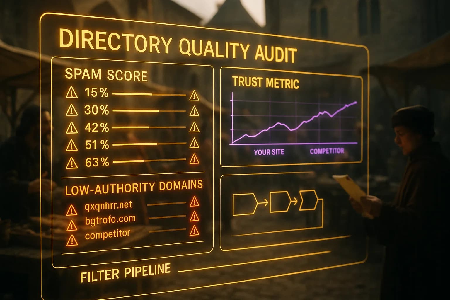 A neon holographic dashboard displaying spam score warnings and directory trust metric comparisons overlaid on a softly blurred medieval market square with haggling merchants and a town crier.