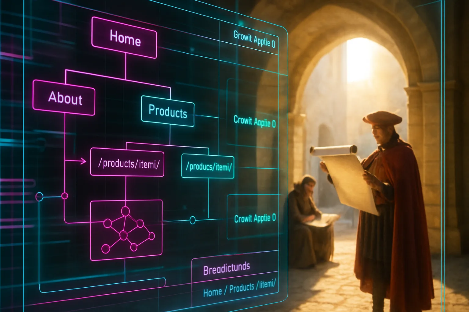 A neon holographic dashboard illustrating website architecture glows in magenta and turquoise over a bright sunlit medieval city gate.