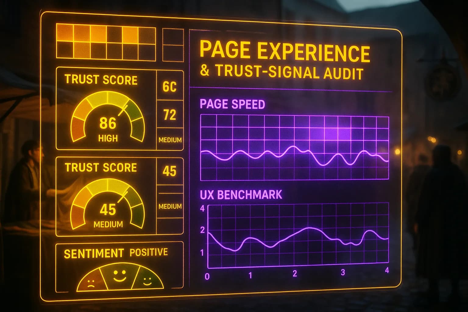 A yellow and purple neon holographic trust-signal and page experience audit dashboard dominates the frame with credibility gauges and UX benchmarks, while a softly blurred medieval market square with merchants and townsfolk appears behind it.
