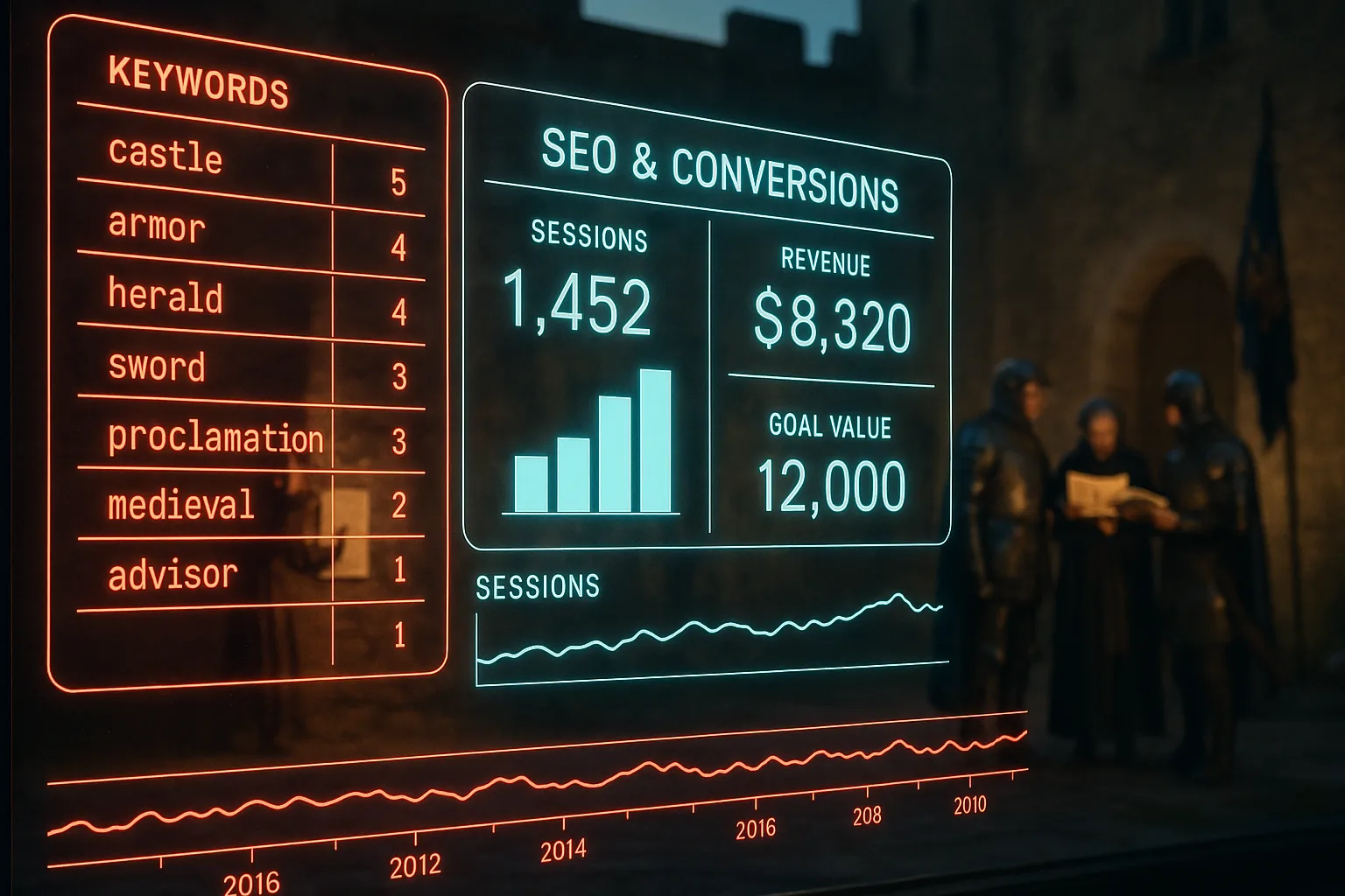 A red and cyan neon holographic SEO and outcome measurement dashboard with attribution matrices and revenue comparison bars fills the foreground, while a softly blurred medieval castle courtyard with a herald and knights is visible behind it.