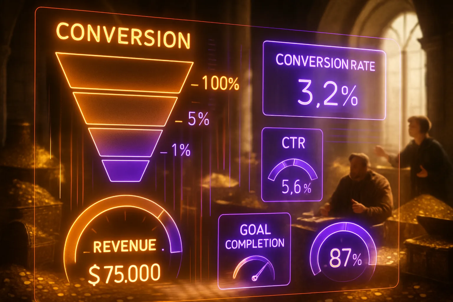 Neon amber and violet holographic analytics dashboard illustrating website conversion from traffic to revenue against a sunlit medieval royal treasury backdrop.