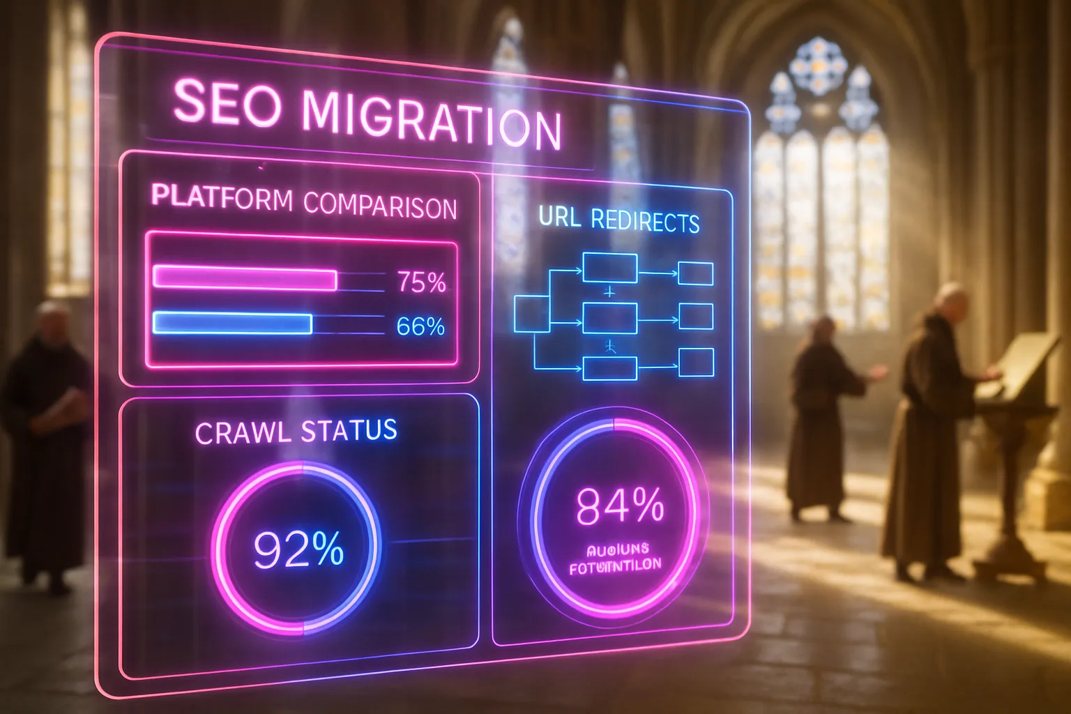 A neon holographic SEO dashboard with platform comparison metrics and redirect mapping charts guides a successful website migration without losing search rankings.