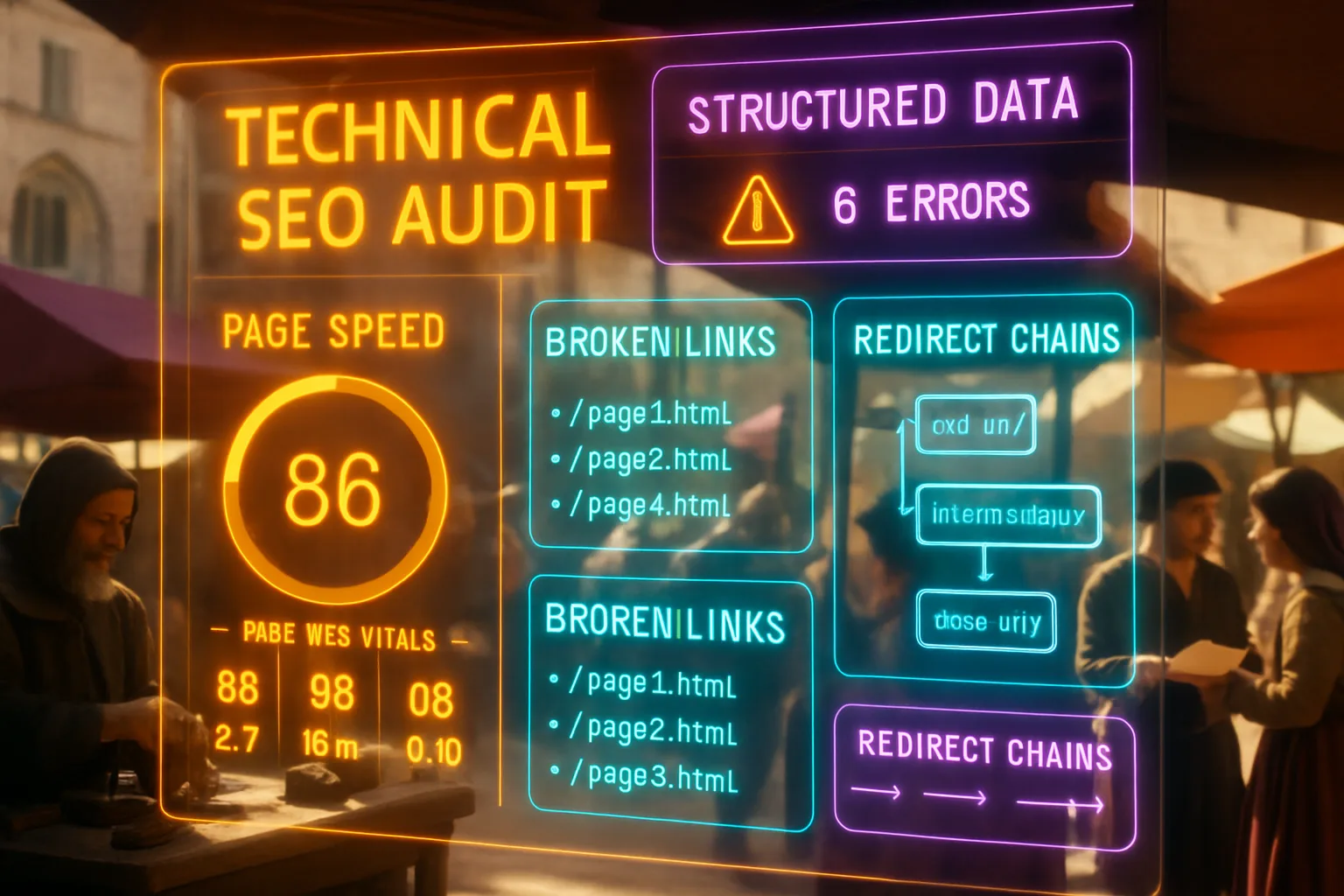 A vivid orange, cyan, and purple holographic technical SEO interface glows across the frame while a busy sunlit medieval market square with merchants and traders is softly blurred in the background.