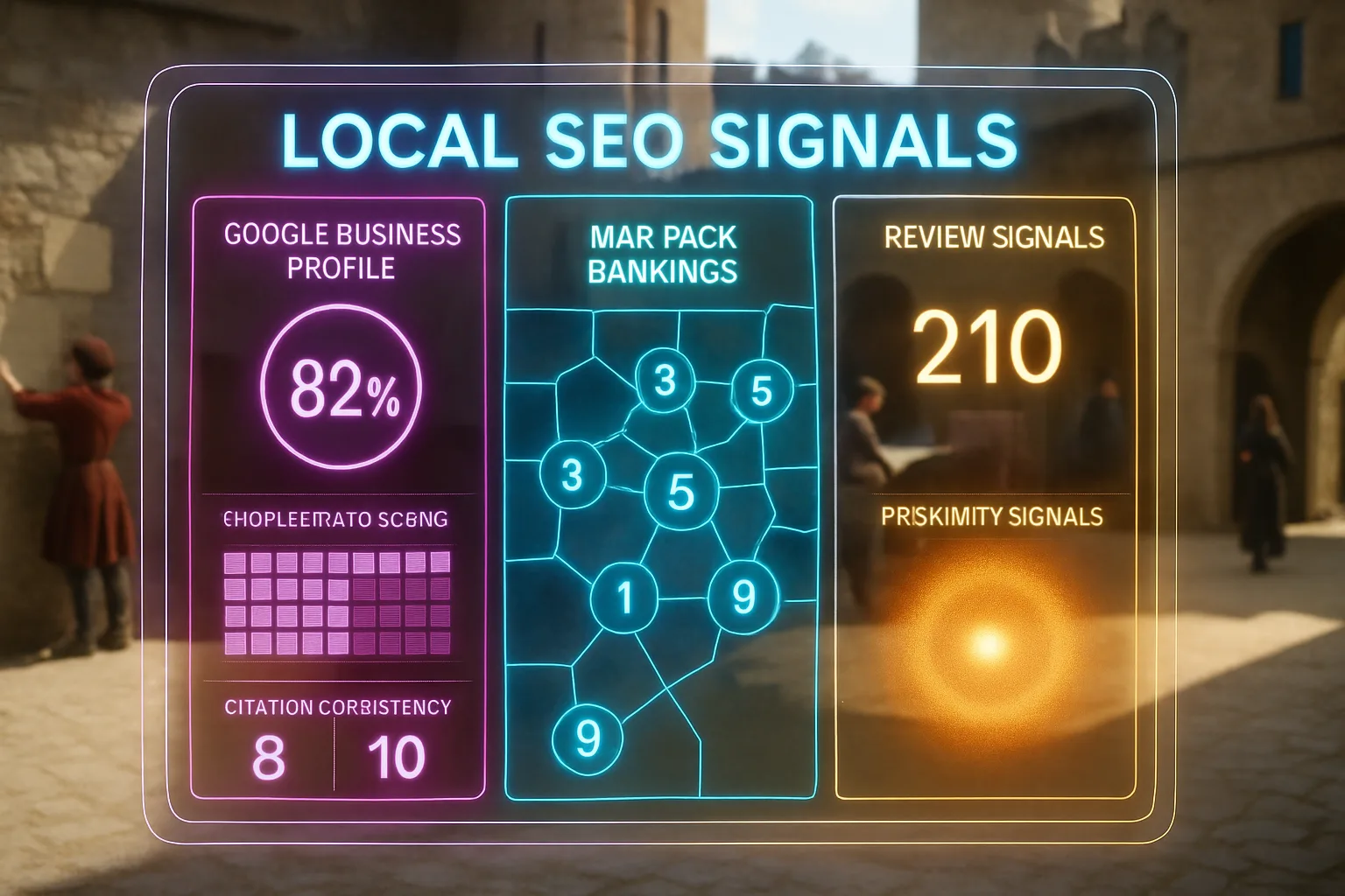 A glowing magenta, blue, and amber local SEO signals dashboard fills the foreground while a bright sunlit medieval castle courtyard with heralds and stewards is visible softly blurred through the neon panels.
