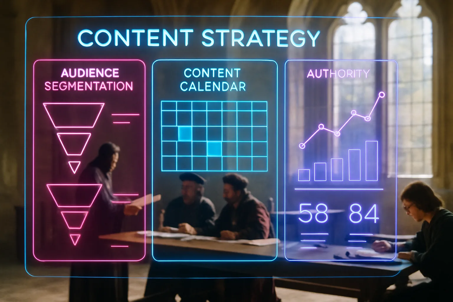 A neon holographic content strategy dashboard glows in the foreground with a sunlit medieval great hall behind it, illustrating how B2B content marketing attracts high-value clients through strategic planning and authority building.