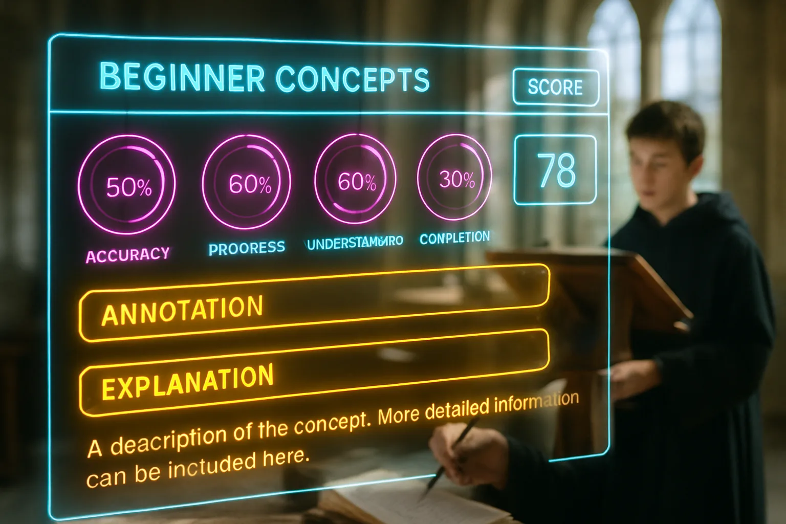 A neon holographic dashboard in magenta, amber gold, and turquoise shows plain-English web metric concepts while a sunlit medieval scriptorium with monks writing and reading is softly visible behind the glowing panels.