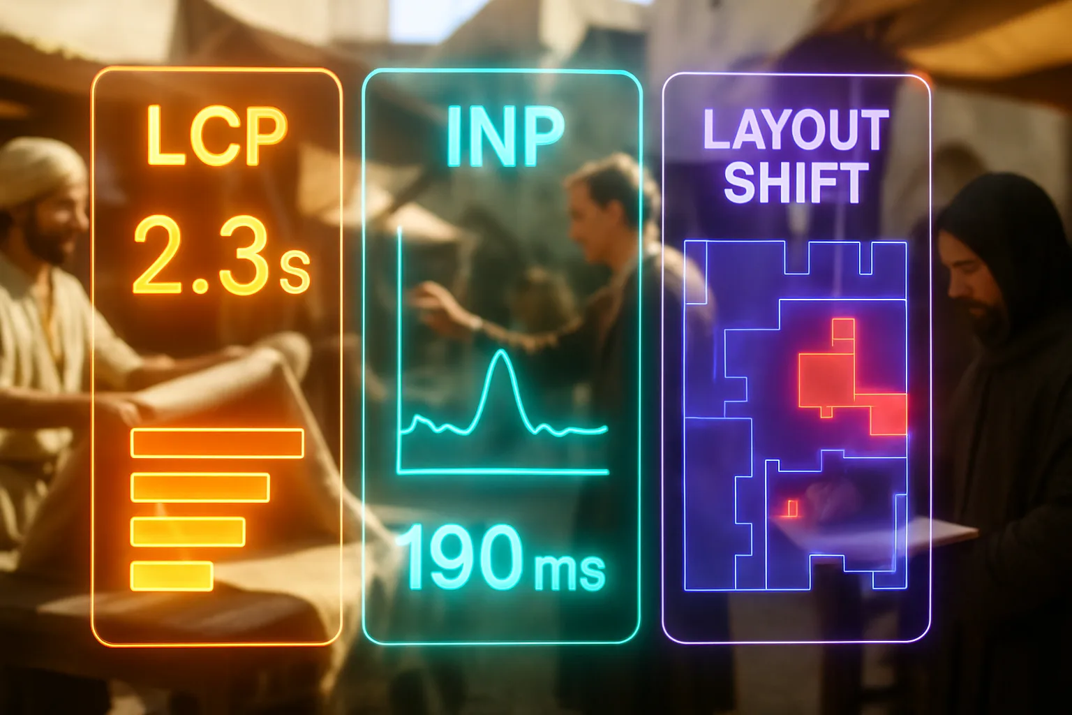 A glowing neon HUD in orange, cyan, and purple displays LCP speed timers, INP response waveforms, and CLS layout-shift maps, with a bright sunlit medieval market square and active merchants blurred softly in the background.
