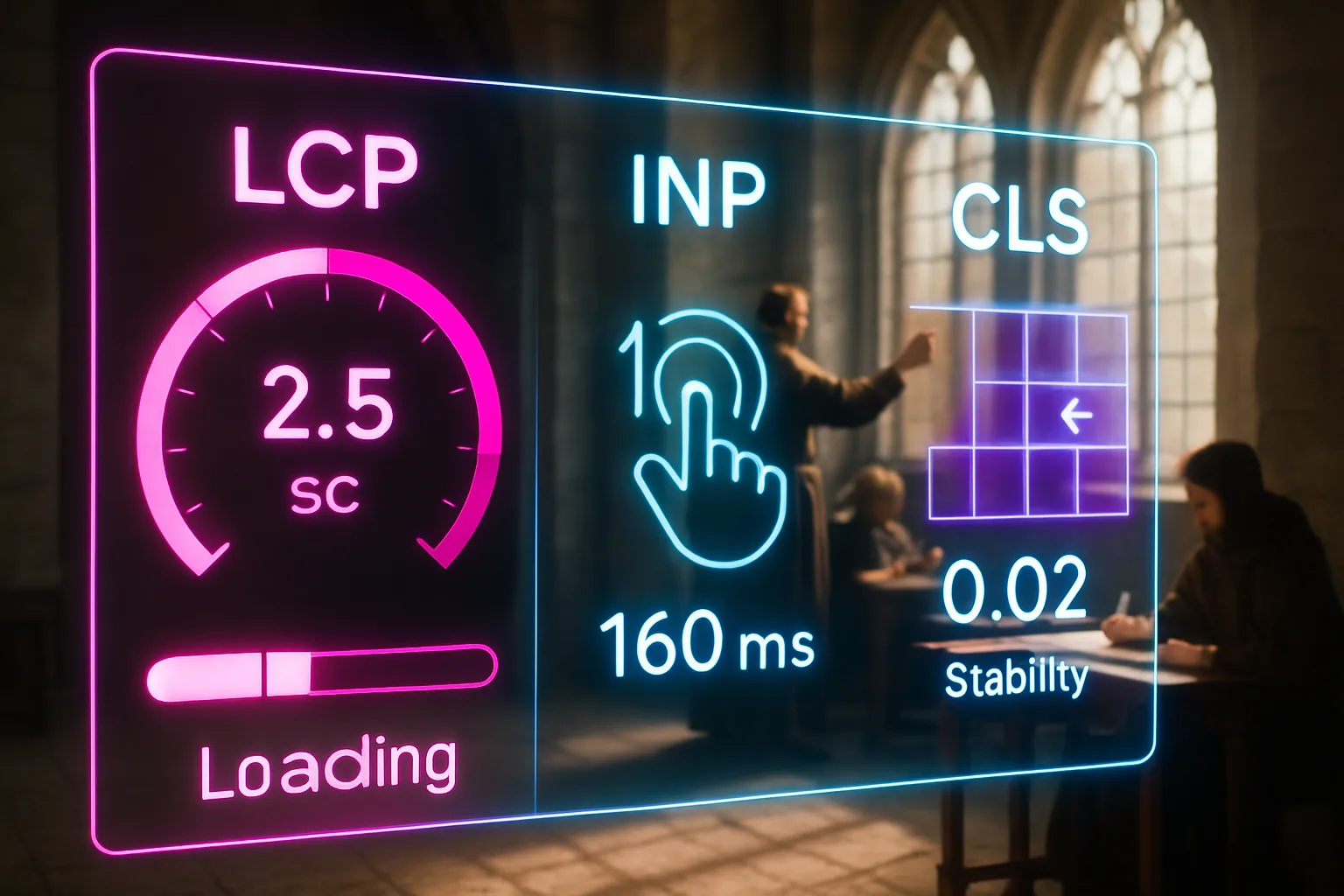 A neon holographic web performance HUD displaying Core Web Vitals explained across three glowing panels — LCP, INP, and CLS metrics in hot pink, electric blue, and violet — with a sunlit medieval great hall visible behind the screens.