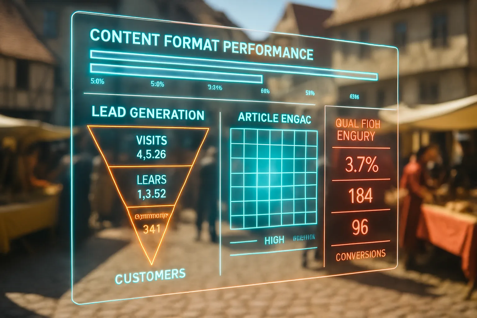 A neon holographic dashboard blazing in orange and cyan displays content format performance charts and lead funnel metrics in the foreground, with a bustling sunlit medieval market square and merchants softly visible behind.