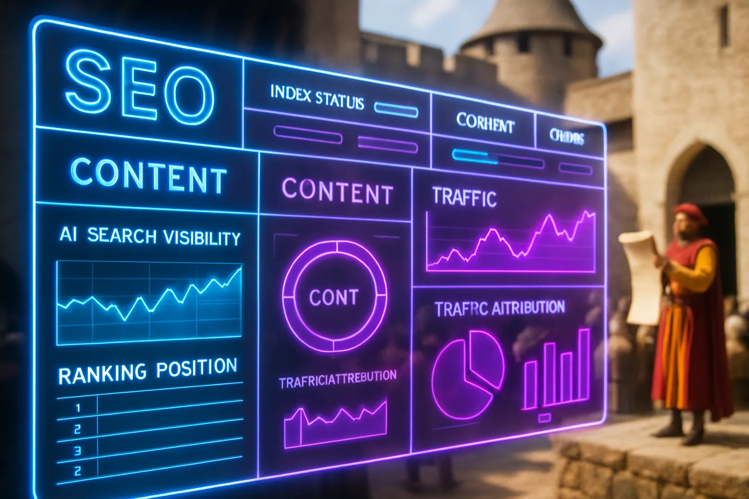 A neon holographic dashboard glowing in electric blue and magenta displays SEO ranking trackers and content ROI measurement panels in the foreground, with a bright sunlit medieval castle courtyard and a herald addressing a crowd softly visible behind.