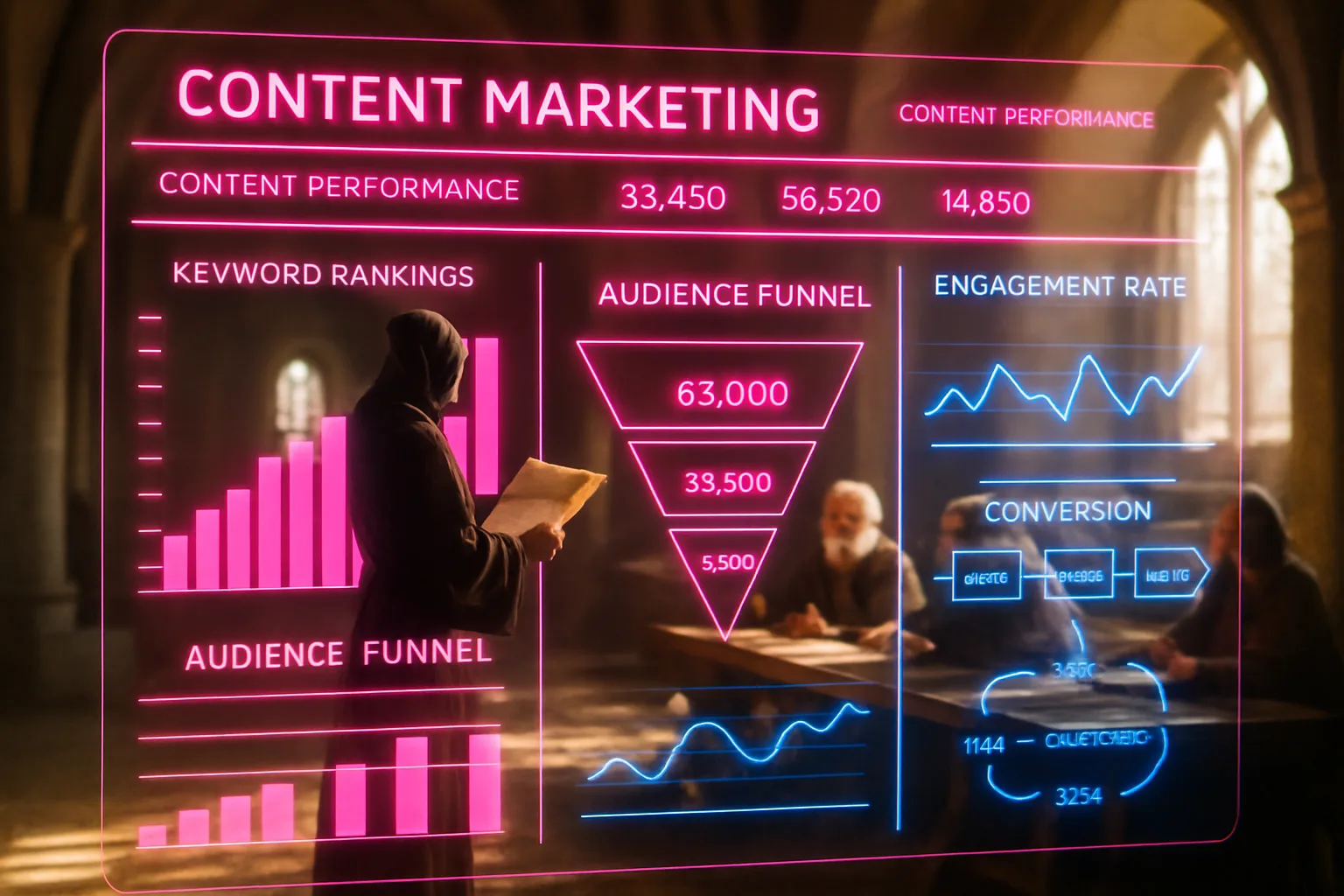 A neon holographic content analytics dashboard glowing in hot pink and electric blue fills the foreground, illustrating financial advisor content marketing strategy, with a sunlit medieval great hall and robed figures visible softly behind the panels.