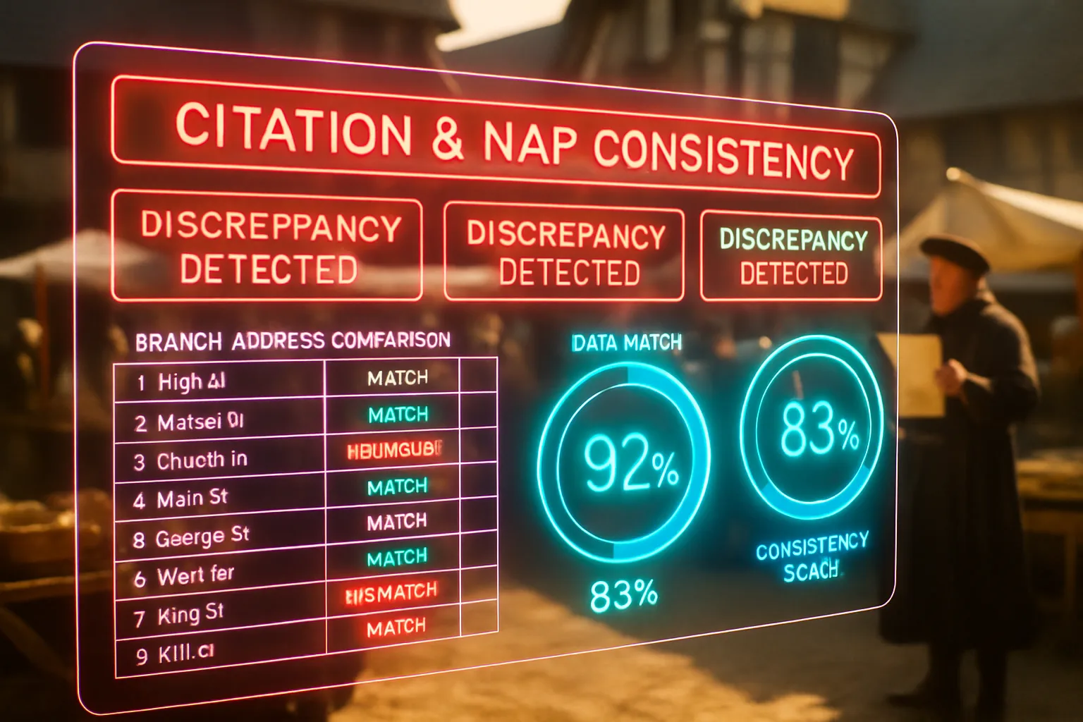 A neon holographic NAP consistency dashboard glowing with magenta and cyan panels fills the frame, with a bright sunlit medieval market square visible behind it where a town crier addresses merchants at their stalls.