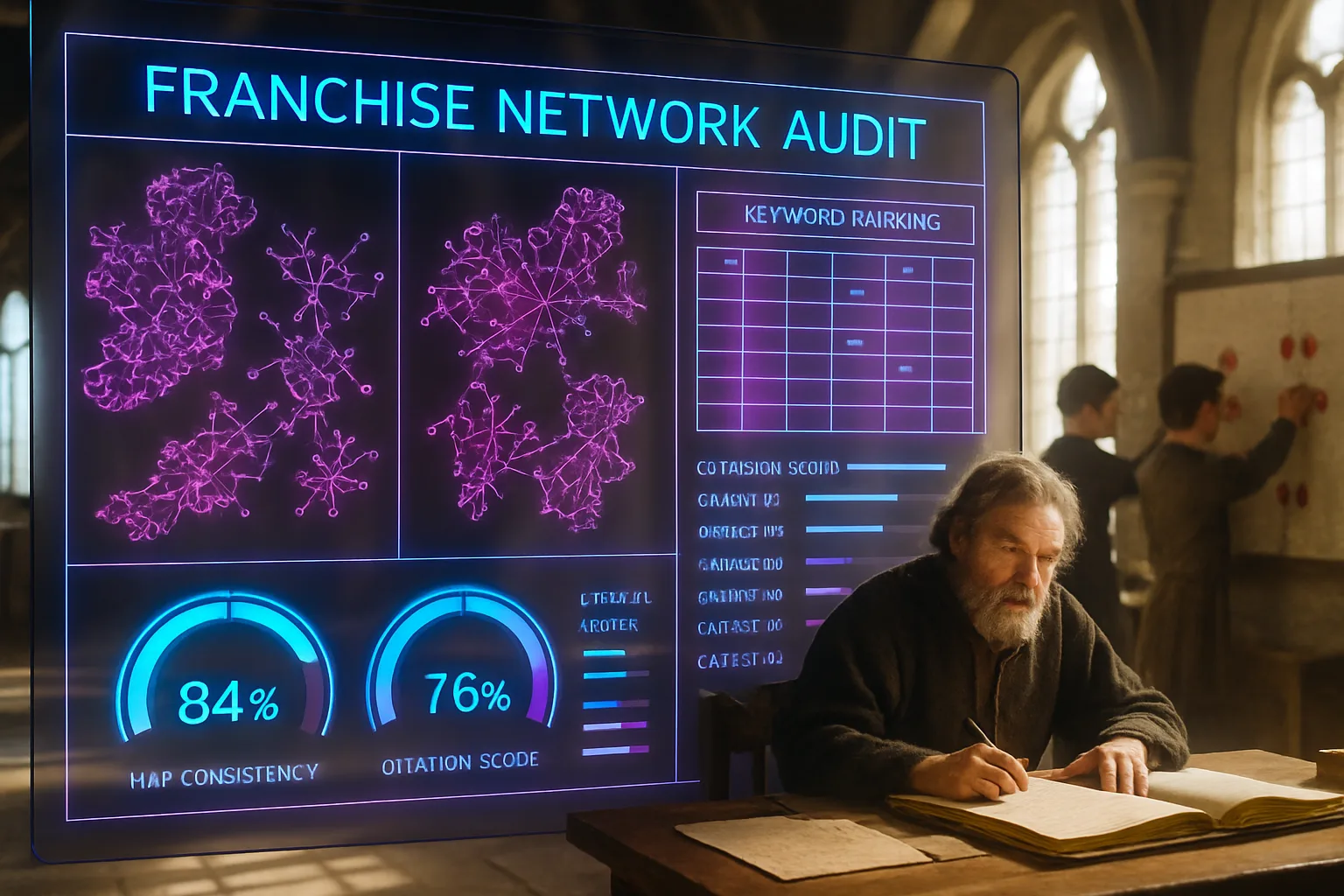 A neon holographic franchise SEO audit dashboard glowing with hot pink and electric blue panels fills the frame, with a sunlit medieval guild hall visible through the screens where a guildsman reviews location records with his apprentices.