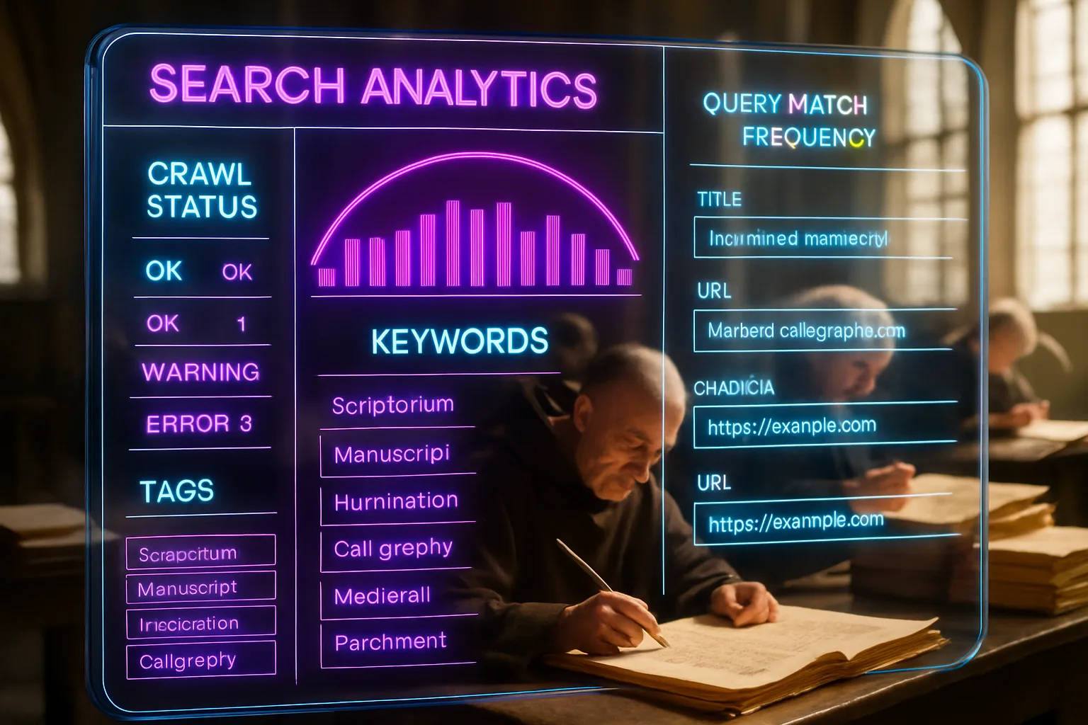 A glowing violet and turquoise neon HUD displaying image indexing and metadata panels fills the frame, with a sunlit medieval scriptorium where monks write and annotate manuscripts visible softly behind.