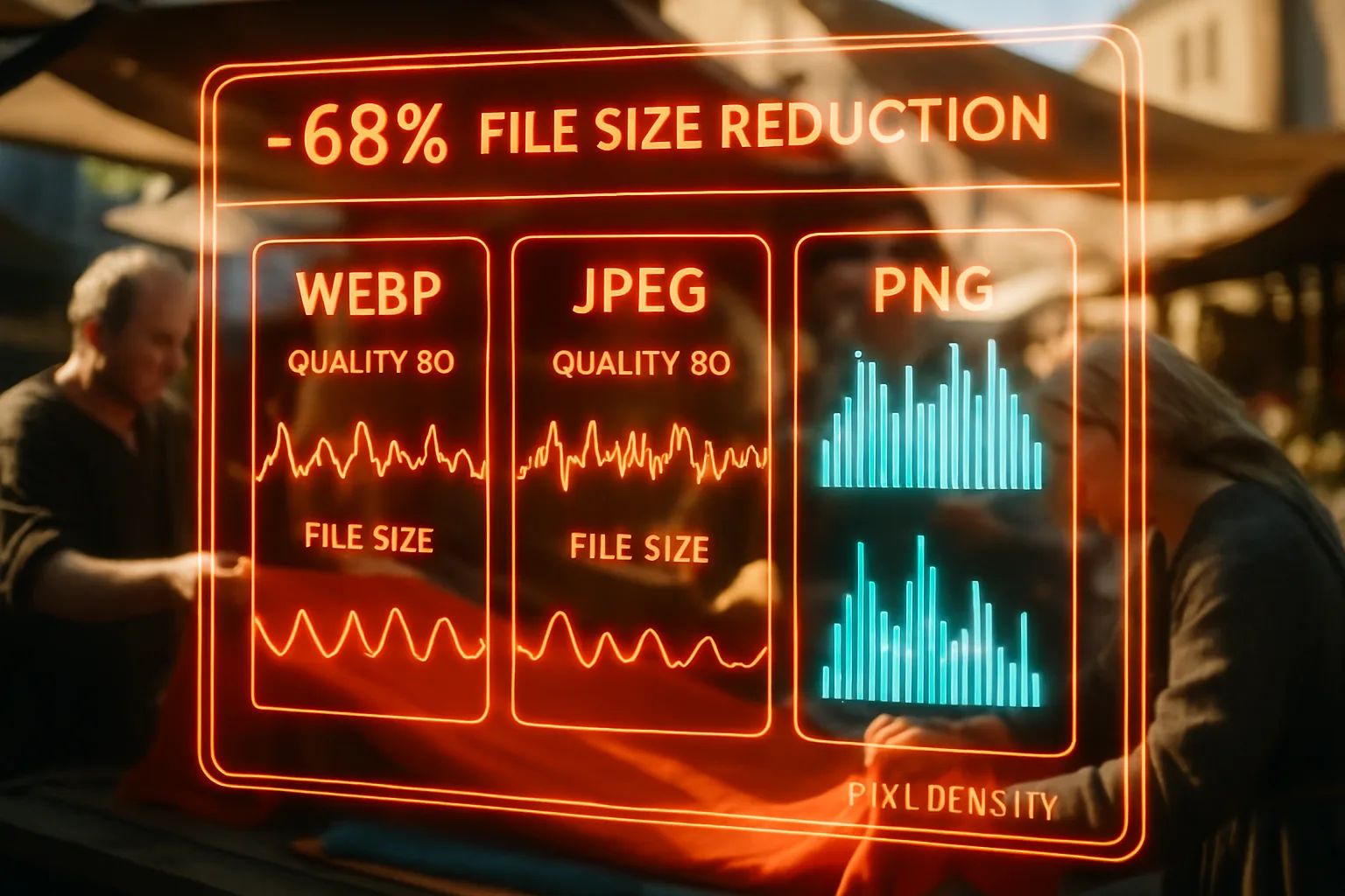 A neon orange, cyan and red holographic file-format comparison dashboard fills the foreground, while a bright sunlit medieval market square with merchants displaying colourful fabric is softly blurred behind.