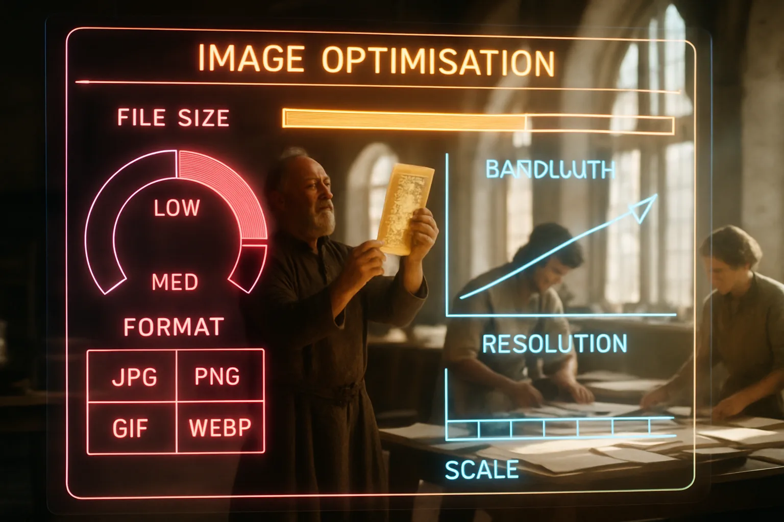 A neon holographic image optimisation SEO dashboard glows in the foreground with pink, blue and amber HUD panels, while a sunlit medieval guild hall with craftspeople examining manuscripts fills the blurred background.