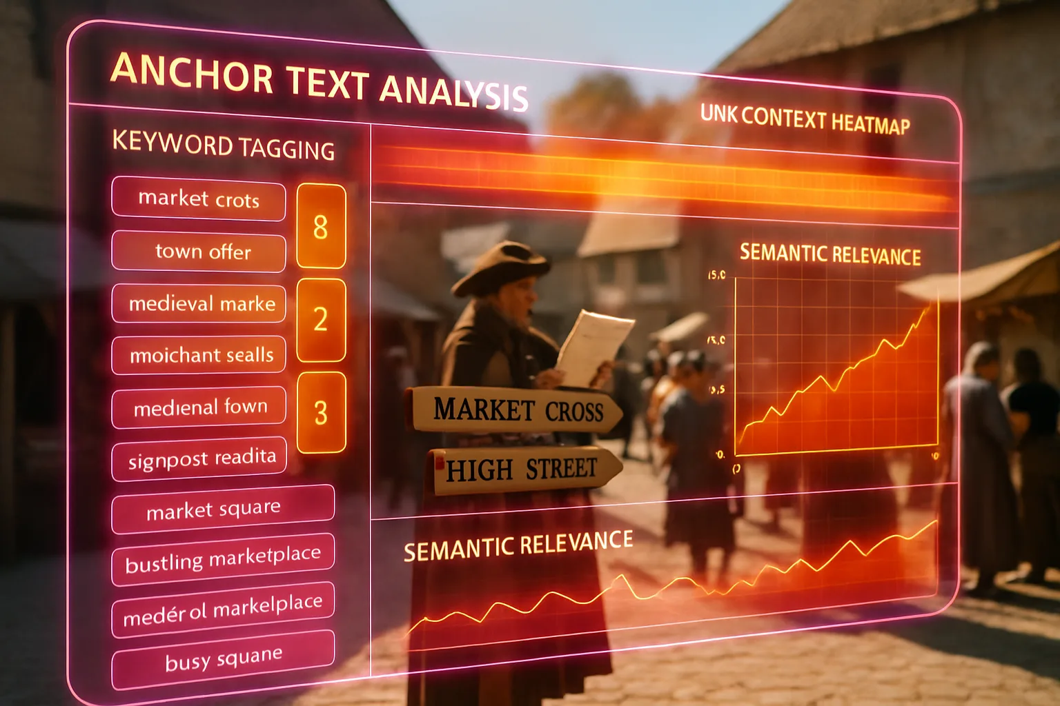 A neon magenta and orange anchor text analysis dashboard glows across the frame, while a sunlit medieval market square with a town crier and directional signposts is visible softly blurred behind it.