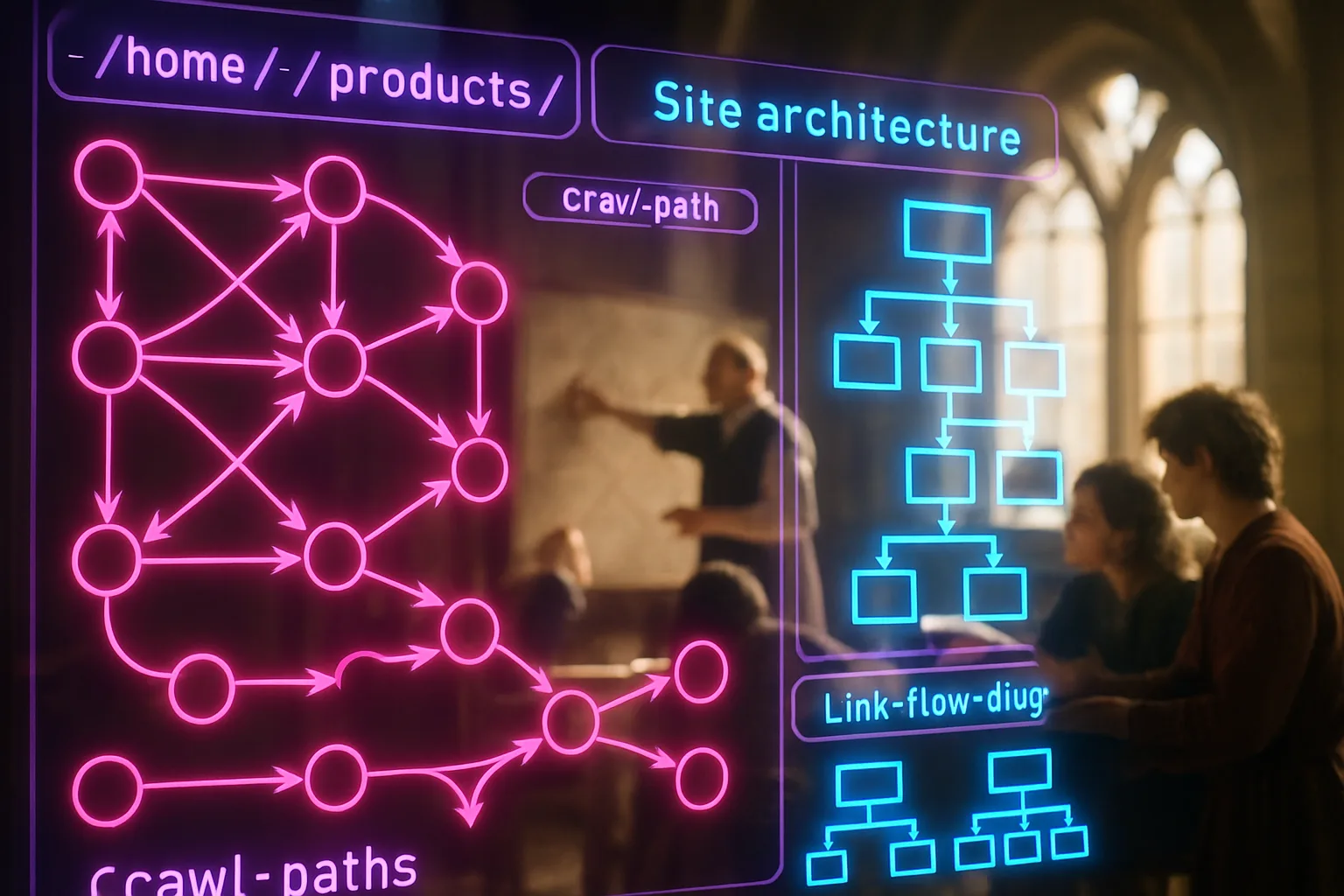 A neon holographic site architecture dashboard showing internal linking SEO node maps and crawl-path diagrams glows in the foreground, with a sunlit medieval guild hall and craftspeople visible behind it.